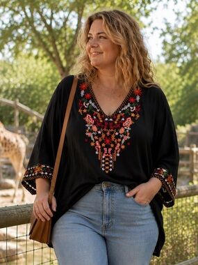 Embroidered V-Neck Black Boho Tunic